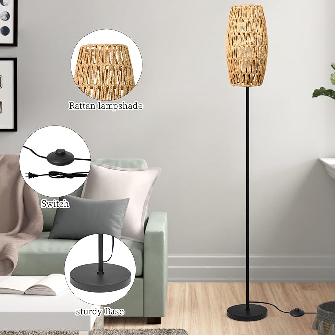 Ruiever Floor Lamp for Living Room,Farmhouse Floor lamp,Modern Standing lamp with Hand-Worked Rattan Shade (Drum Rattan Shade Black Body Color-3 Color Bulb)