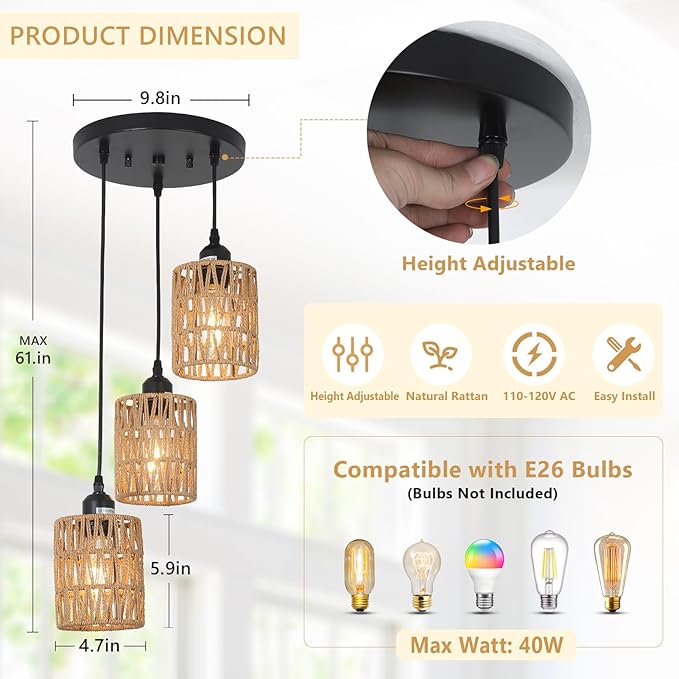 3 Lights Rattan Pendant Light, Farmhouse Dining Room Light Fixtures Ceiling Hanging, Boho Pendant Lighting with Hand Woven Wicker Shades for Kitchen Island Living Room Bedroom Foyer Hallway