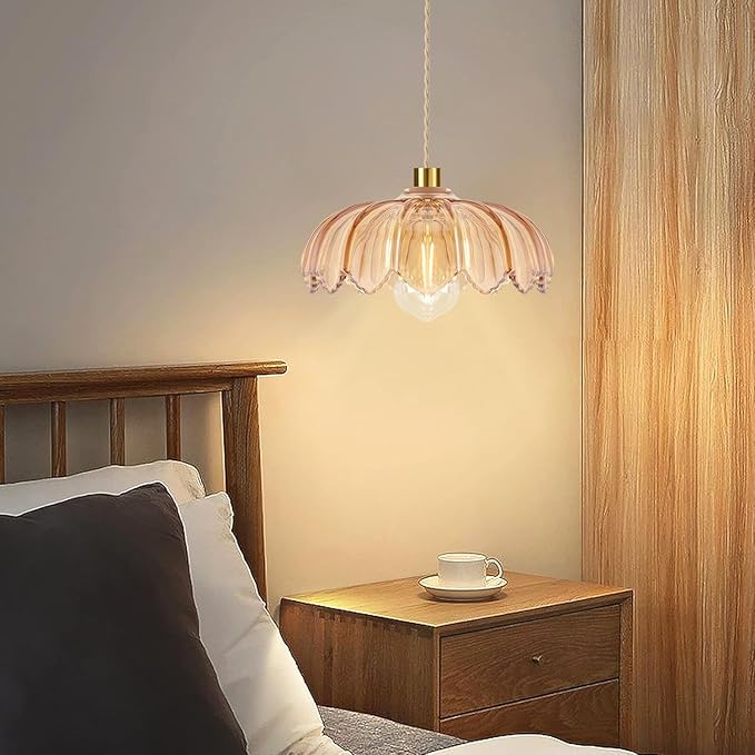 Plug in Pendant Light Hanging Lights with in Cord Mid Century Modern Gold Hanging Lamp Flower Glass Amber Vintage Dimmable Chandelier Ceiling Fixture for Living Room,Kitchen,Boho