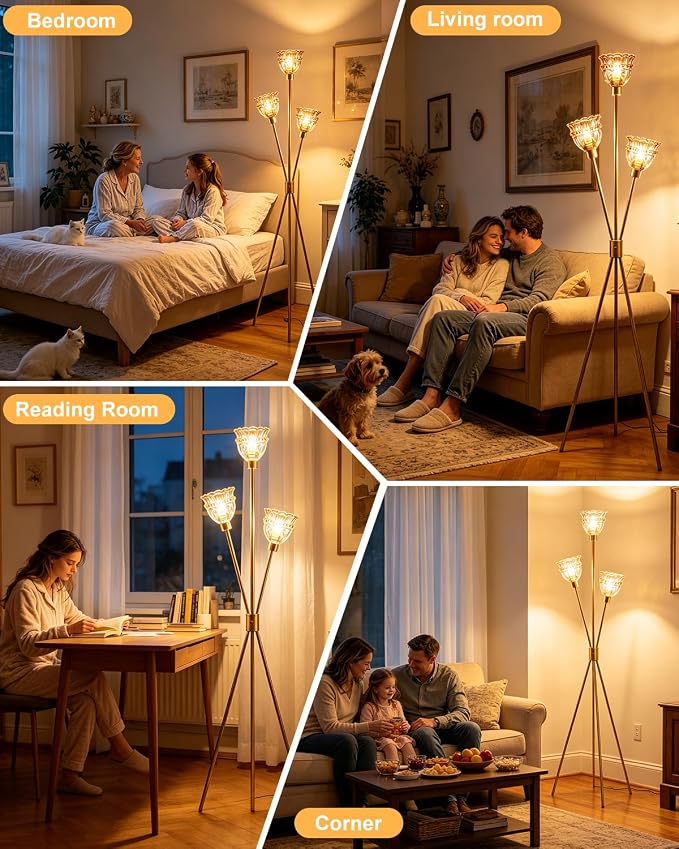 Lightdot 3-Lights Glass Tripod Floor Lamp Gold Dimmable Floor Lamps with 3000K Warm White Bulbs for Wedding Party 62IN Tall Standing Lamp with Amber Glass Shade for Living Room/Bedroom/Home Decor