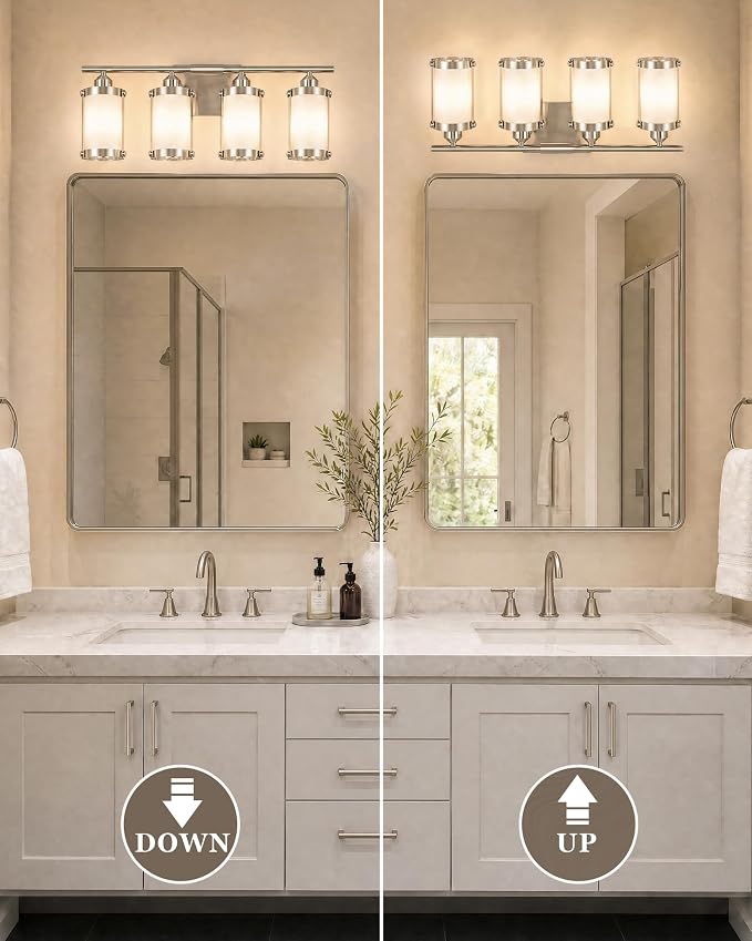 4-Light Brushed Nickel Bathroom Light Fixtures with Milk White Frosted Glass, 29" UL-Listed Modern Wall Sconce Over Mirror with Metal Cage for Bath, Hardwire E26, OS-3014BNW-4W