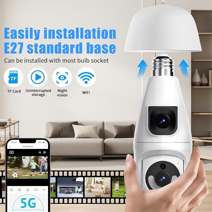 Ameyes Light Bulb Indoor Camera Wireless with Dual-Lens, 1080P Dog/Pet Cameras for Home Security, 2.4&5GHz WiFi Camera with Phone App, Color Night, Motion Detection, Compatible with Alexa