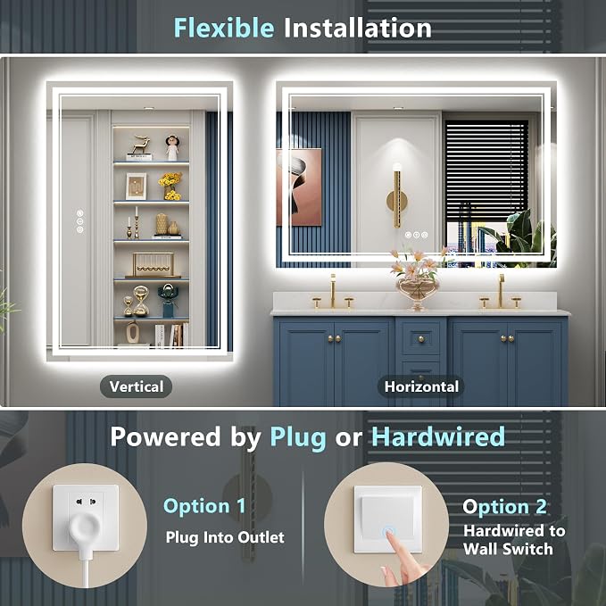 60x28 LED Bathroom Mirror, Backlit & Front Lit Lighted Mirror | Anti-Fog Vanity Mirror with Lights, 3 Color Dimmable, Memory, Shatterproof, Tempered Glass, CRI95, UL Listed, Wall Mounted