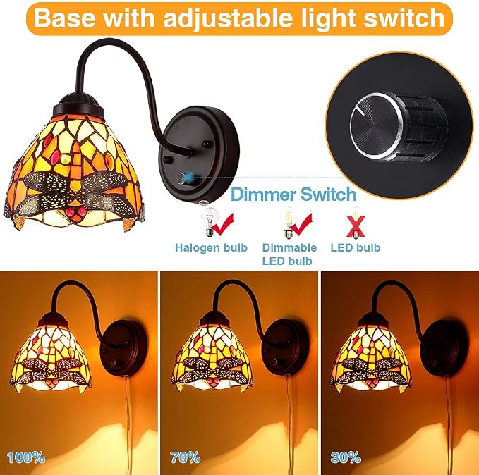 Tiffany Bedside Wall Mount Lamp with Dimmable Switch, Industrial Vintage Gooseneck Wall Sconce with Plug in Cord, Dragonfly Stained Glass Shade Wall Light Perfect for Bedroom, Living Room