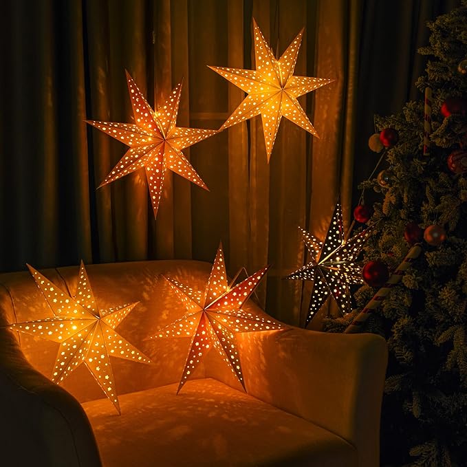 Mudder 19.7 Inch Christmas Star Paper Lantern 7 Pointed Christmas Window Lantern with 10 LED Light Strings Hanging Pendant Xmas Tree Ornaments for Holiday Decor Home(Trendy,Gold)