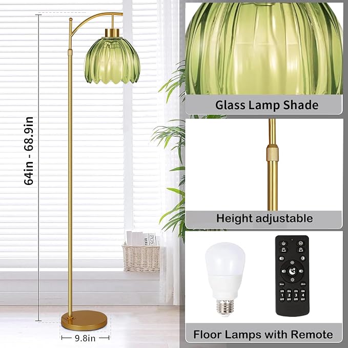 ILLMTW Glass Floor Lamp for Living Room,Bedroom,Gold Mid Century Modern Standing Lamp with Remote,Dimmable Brass Tall Lamp Vintage Tulip Green Arc Flower Floor Light Boho Bohemian
