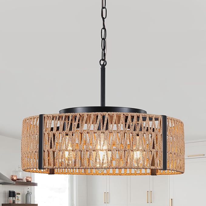 Large Farmhouse Rattan Chandelier, 5-Light 21.6”Boho Chandeliers Light Fixture with Rustic Wicker Hand Woven Pendant Light for Living Room,Kitchen Island Bedroom(E26 Bulbs Not Included)