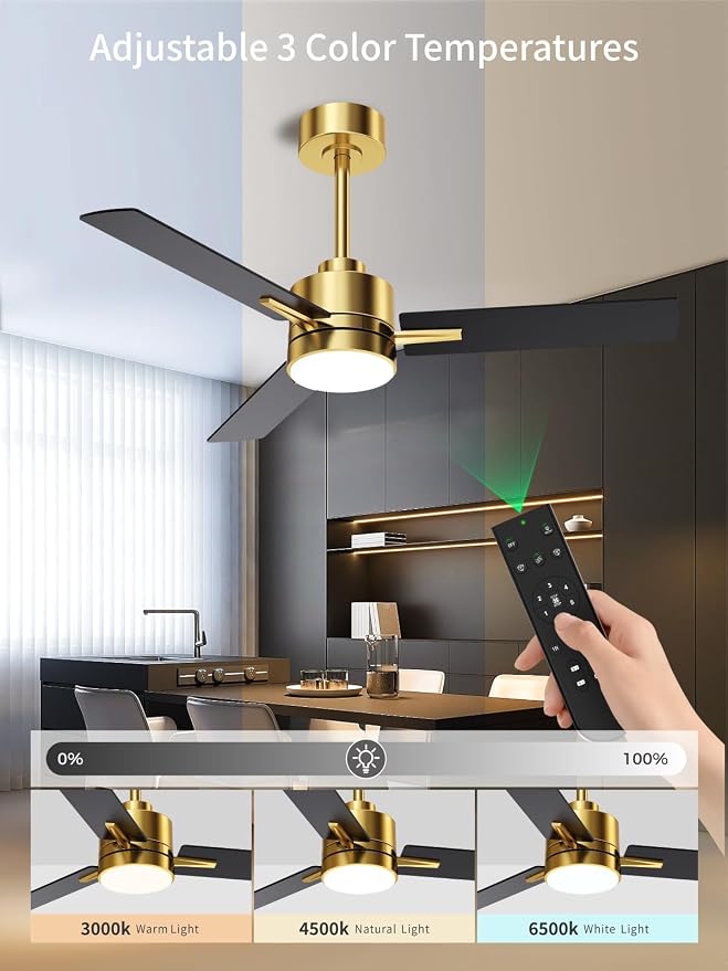 LANMEL Metal Ceiling Fan with Lights and Remote, 42 Inch, Gold & Black | Modern Low Profile Flush Mount, Reversible, 3CCT Dimmable, Quiet, LED, For Bedroom, Living Room, Indoor/Outdoor Patio Use