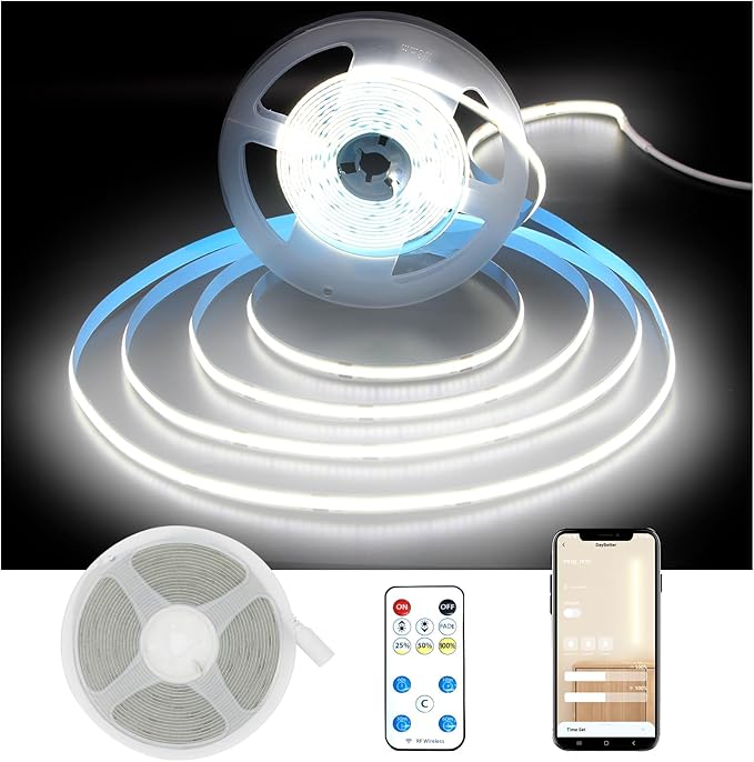 DAYBETTER COB LED Strip Lights, 16.4 ft/5m 1600LEDs Bright Daylight White LED Light Strips with Remote and App, 6500K Dimmable COB Light Strip, Indoor COB LED Lights for Bedroom, Room Decor