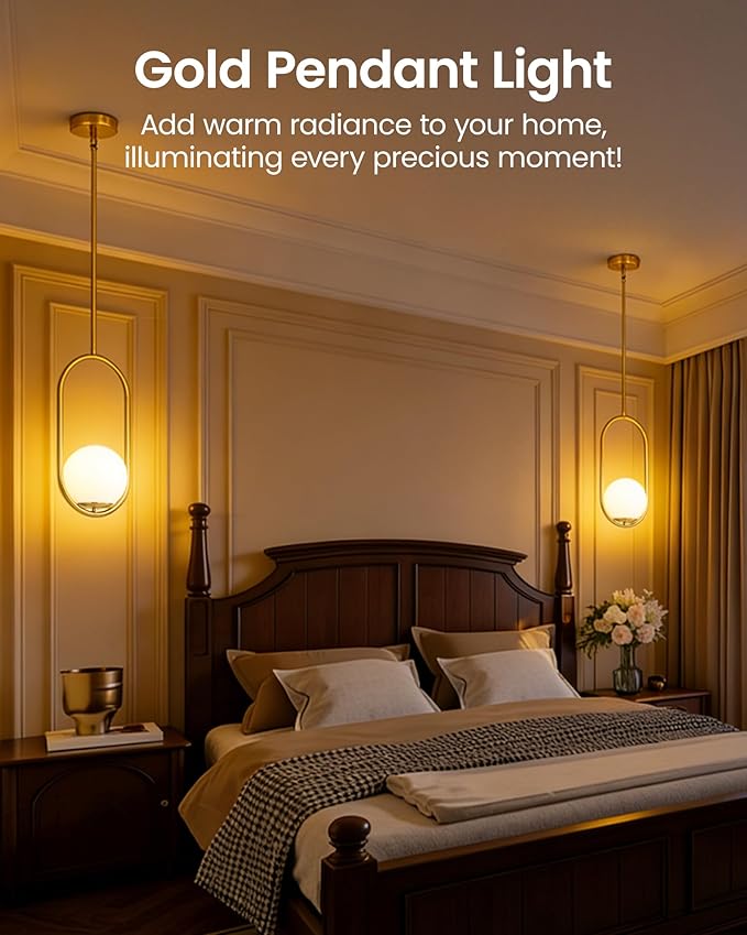 Yunnix Pendant Lights Kitchen Island, Pendant Light Fixtures, 2 Pack Modern Gold Globe Glass Pendant Lighting, Brass Mid Century Chandelier One Light for Bathroom Bedroom Dining Room