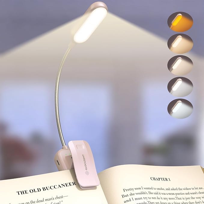 Glocusent 20 LED Reading Lights for Books in Bed, Eye Caring Reading Light | 5 Colors & 5 Brightness 3–100LM Dimmable, 1200mAh Rechargeable Book Light to 90H, Lightweight Clip on Light for Book Lovers