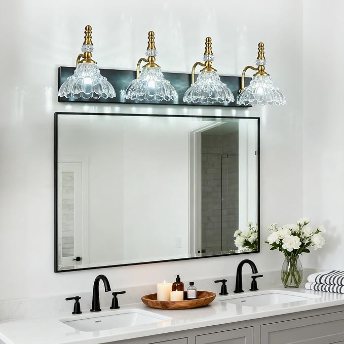 Vintage Bathroom Vanity Light, 4-Light Black Gold Vanity Lighting Fixture with Flower Glass Shade, Bathroom Lighting Fixtures Over Mirror