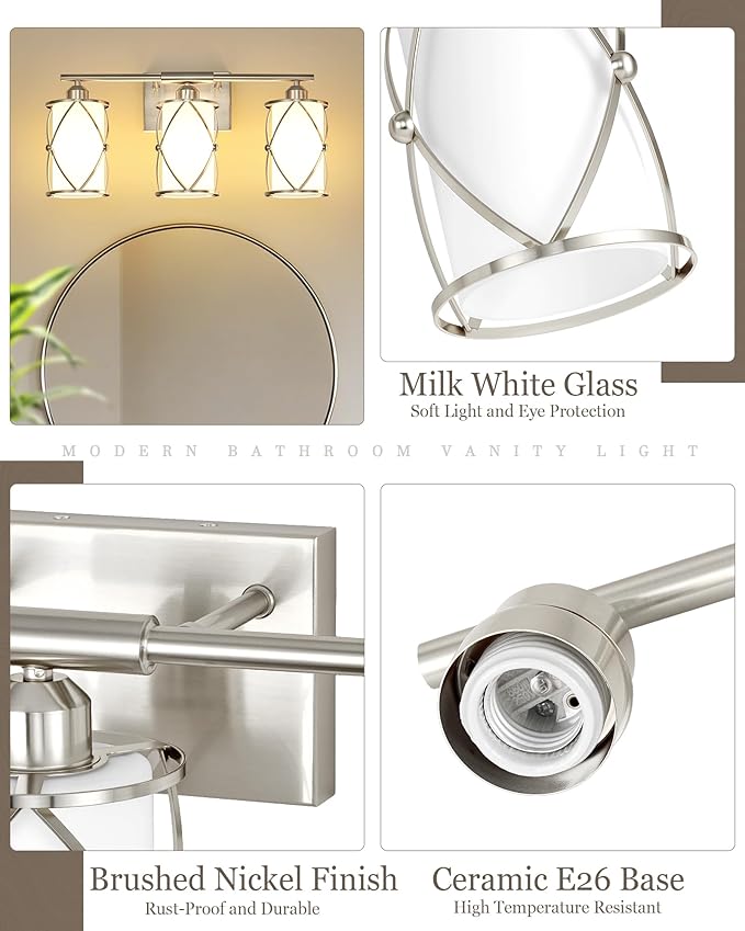 3-Light Brushed Nickel Bathroom Light Fixtures with Milk Frosted Glass, 21" Modern Bathroom Vanity Lighting Fixtures Over Mirror with Metal Cage, Wall Sconce Lights for Bath, E26, CH9176BNW-3W