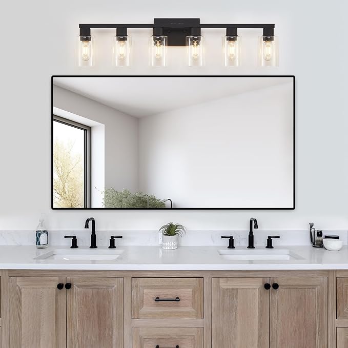 6 Light Bathroom Vanity Light, Matte Black Vanity Light Fixtures, Large Vanity Lights for Bathroom, Farmhouse Light Fixtures with Clear Glass Shade for Bathroom Over Mirror