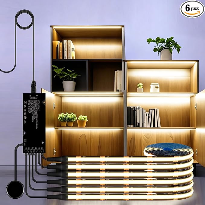 Black Cabinet Light COB LED Strip Lights | 6 pack penetrable touch dimmable ideal for display cabinet and wine rack decorative lighting (Natural White, 3.3ft / 1M)