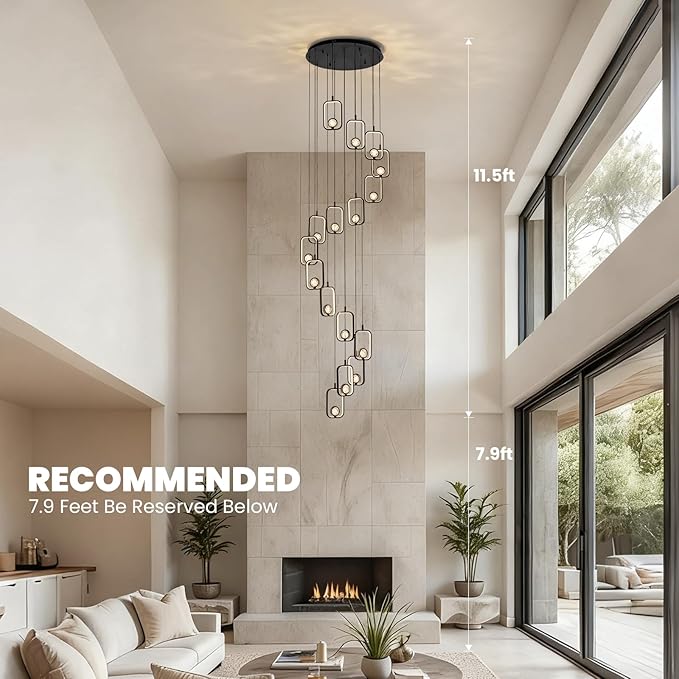 16 Lights Modern Staircase Chandelier Black Entryway High Ceiling Light Modern LED Chandelier16 Lights Black Crystal Light Fixture for Staircase Foyer Entryway Living Room