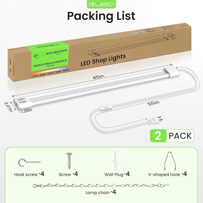 ALUSSO® 4FT Linkable LED Shop Lights, 6000LM 30W/45W/60W, 5CCT 2700K/3000K/4000K/5000K/6500K, 120V Integrated Fixture for Garage, Hanging or Surface Mount, 2 Pack