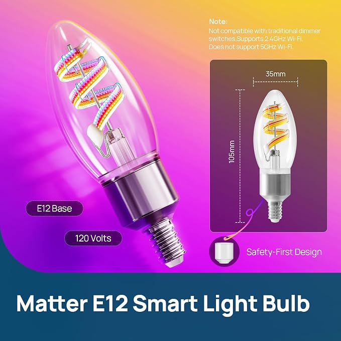 Linkind E12 Led Bulb, RGBTW Color Changing Matter Smart Light Bulbs,1 Pack | Work with Alexa/Apple/Google Home, 40W RGBTW Smart Filament Bulbs for Chandelier, 2.4Ghz WiFi Only Candelabra Bulbs, 400 LM