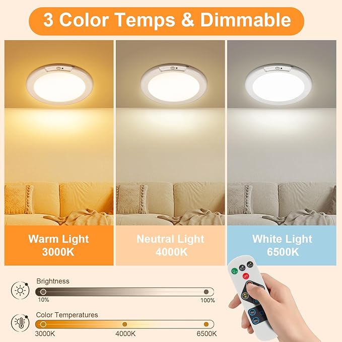 LNRYY 4Pack Rechargeable Motion Sensor Magnetic Ceiling Light with Remote | Wireless, Battery Operated, LED, 3 Color, Dimmable, Indoor, for Shower, Closet, Pantry, Living Room, Shed, Hallway, Porch