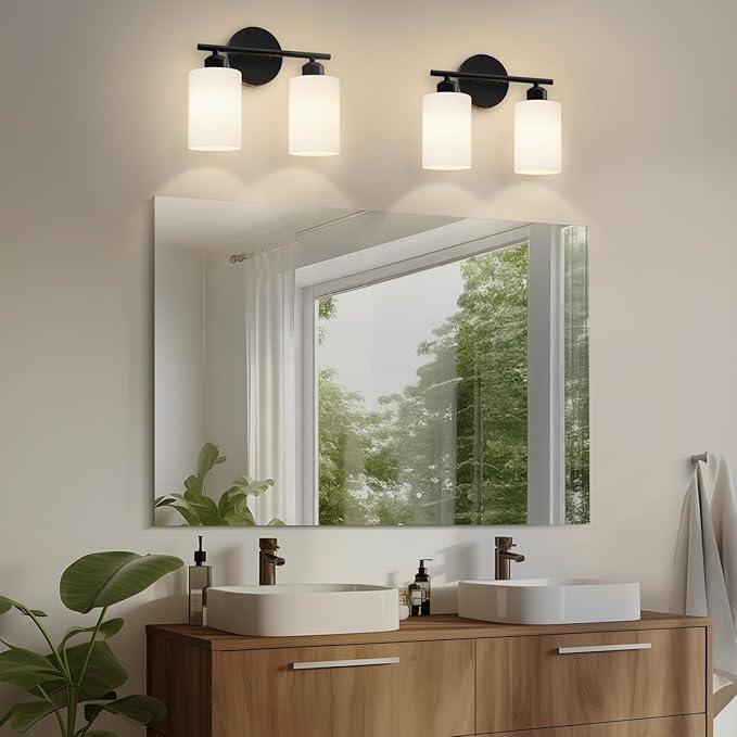 2-Light Bathroom Light Fixtures, Black Modern Vanity Lights with Milky White Frosted Glass Shades, Wall Sconce Light for Bedroom, Living Room and Hallway, 2-Pack