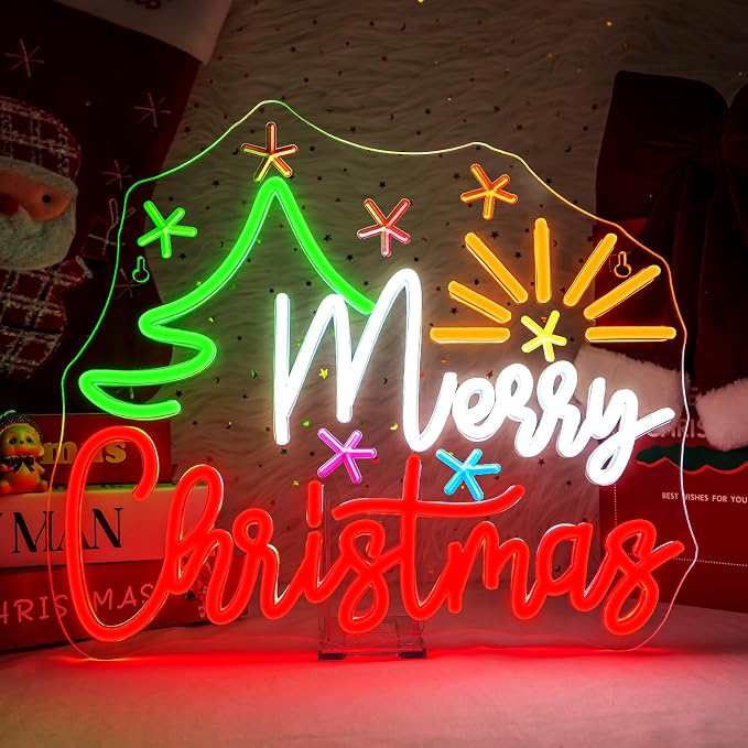 Merry Christmas Tree Neon Sign Dimmable With Christmas Tree and Sun Star Neon Signs Vibrant LED Neon Glowing Sign for Wall Decor Window Man Cave Bedroom Wedding Bar Party Gift New Year
