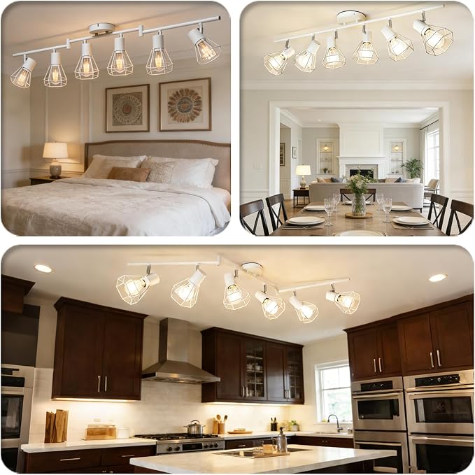 HiBay 6-Light Ceiling Track Lighting Fxiture White, Modern Spotlight, E26 | Rotatable 6 heads with farmhouse metal cage shade for kitchen living room dining area, bulb not included
