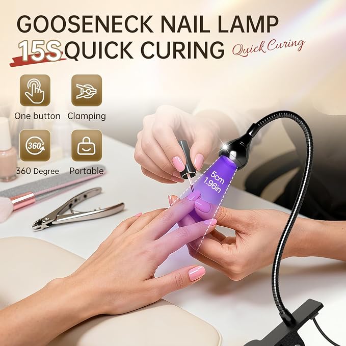 AORAEM 3W LED Nail Lamp with Clamp and Flexible Gooseneck for Gel Nails | Includes UV Protection Gloves for Gel Polish Curing, Salon and Home DIY