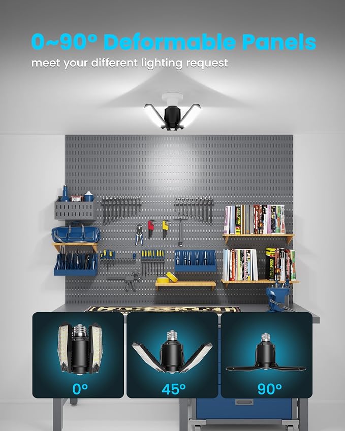 Motion Sensor Garage Lights, 80W, 8000LM, E26 Screw in, 2 Pack | Remote & Wall Switch Control, Deformable LED Panels, 6500K Daylight, 360° Detection for Workshop Warehouse