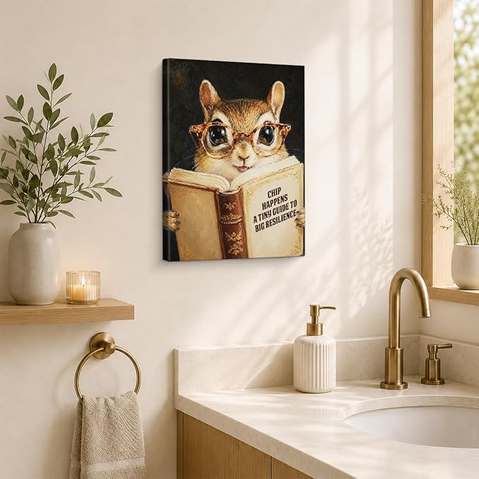 NSFBESSLIA Funny Reading Chipmunk Painting, Whimsical Vintage Animal Decor, Chip Happens, Cute Cottagecore Wall Art for Living Room Bedroom Entryway, 8x10 Inch
