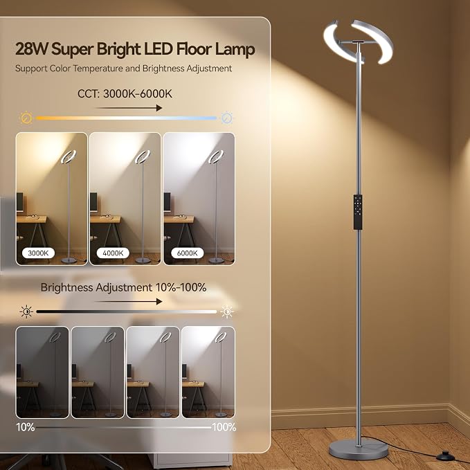 SUNMORY Floor Lamp for Living Room, 28W Bright LED Lamp with Remote Control | 1600lm Dimmable Rotatable Standing Light, 74" Tall Modern Reading Torchiere Uplighter for Bedroom Office Corner, Gray