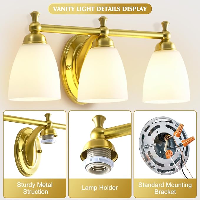 EJIAXIN 3 Light Bathroom Vanity Light,Gold Bathroom Lighting Fixtures Over Mirror Modern Bathroom Light Fixtures for Living Room Bathroom Bedroom Cabinet About Mirror