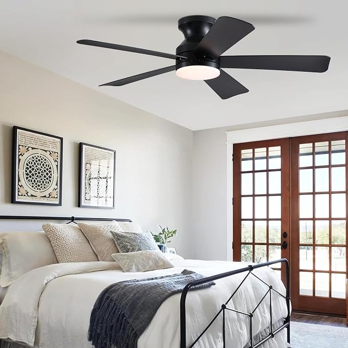 46 inch Ceiling Fans with Lights, Black Flush Mount Ceiling Fan with Remote, 3CCT, LED Dimmable, Reversible, 6 Fan Speeds, Quite Low Profile Ceiling Fan with Lights Modern Bedroom Kitchen Indoor