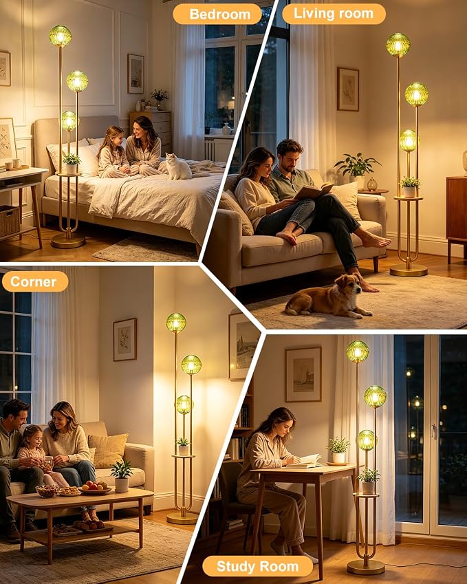 Lightdot Green Glass Floor Lamp with Shelf 63IN Dimmable Mid Century Modern Gold Standing Lamps 3000K Bulbs Included Globe Floor Lamp with 5Lbs Heavy Base for Living Room/Wedding/Sofa Beside/Corner
