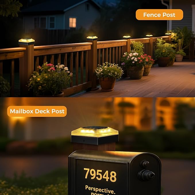 4x4 Solar Post Cap Lights Outdoor 6 Pack, 3 Color Modes/Dusk to Dawn/IP65 Waterproof, Fits 4x4 Vinyl/PVC Wood Posts Top, Black LED Fence Topper Light for Deck, Porch, Backyard