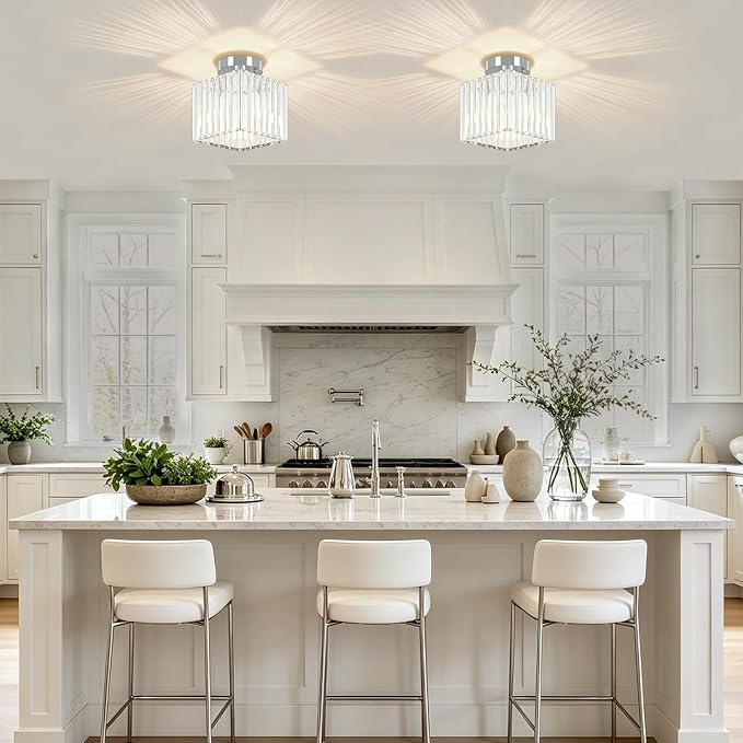 Modern Crystal Ceiling Light Fixture Chrome Hallway Entryway Light Fixtures | 2-Pack, 7.24 Inch, E26 Dimmable, Bathroom Bedroom Ceiling Light, Kitchen Dining Room Laundry Close to Ceiling Light Fixtures
