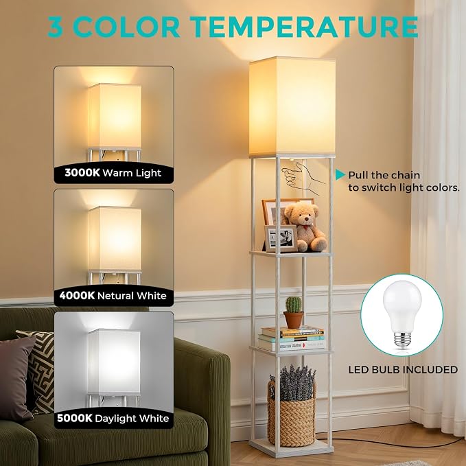 Floor Lamp with Shelves, 3-Tier Square Bookshelf Standing Lamp Dark Grey | 3 Color Temperature Bulb Included, Pull Chain Tall Lamp for Living Room Bedroom Corner Office Apartment Decor