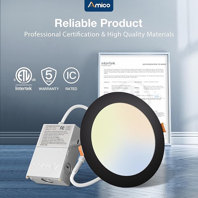Amico 20 Pack 6 Inch LED Recessed Light with Junction Box, 5CCT, 1050LM | 12W, 2700K-5000K, 5%-100% Dimmable, 120V, Black, Metal Housing, Ultra-Thin Canless Wafer Downlight, ETL, FCC, IC & Damp Rated