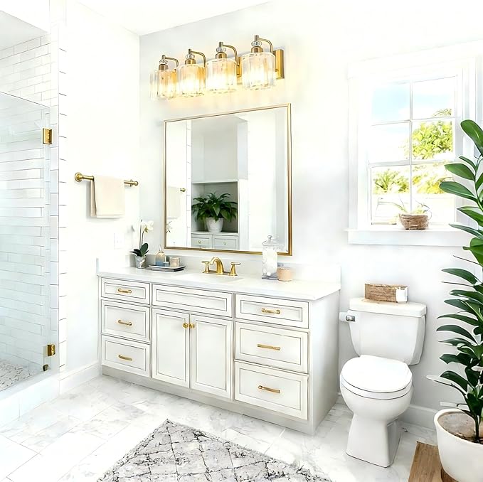 4-Light Brushed Brass Bathroom Light Fixtures Modern Vanity Lights Over Mirror Gold Bathroom Vanity Lighting with Crystal Shade E26 Base Wall Sconce for Bedroom Living Room Restroom Wall Lamp