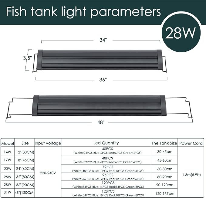 AQQA Aquarium Light,Full Spectrum LED Fish Tank Lights | 12"-54" Adjustable Multi-Color White Blue Red Green LEDs with Extendable Brackets,14W-31W for Freshwater Plants 28W (36"-48")
