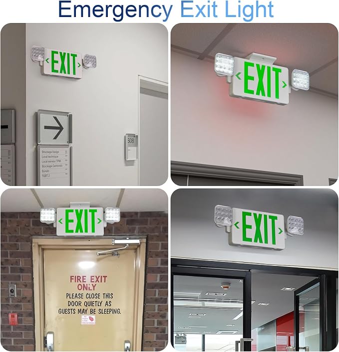 Green LED Exit Sign Emergency Light Combo, UL Listed Battery Backup | UL-listed commercial fire exit sign features 90-min battery backup, 360° rotating dual heads, and easy dual-mount setup.
