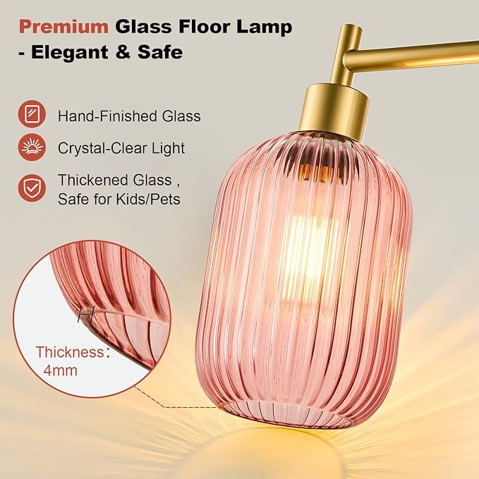 【Upgraded】 Dimmable Floor Lamp for Living Room with Pink Ribbed Glass Lampshade, Gold Modern Floor Lamp with 900LM LED Bulb Included, Arc Standing Tall Lamp for Bedroom, Office, Reading Room, Corner