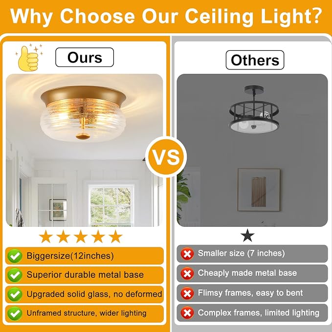 Gold Flush Mount Ceiling Light Fixtures, 2-Light Ceiling Mount for Modern with Clear Air Bubble Glass Shade, Industrial Flush Mount Light Fixture Farmhouse for Hallway Kitchen Bedroom Entryway Foyer