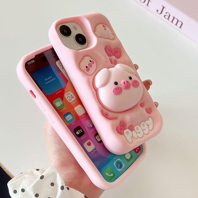 Kawaii Phone Case for iPhone 16 Cute 3D Cartoon Pink Pig Silicone Protective Case Cover for Women & Girl