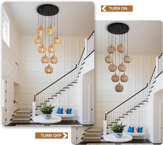 Round 9 Light Boho Pendant Light Rattan Hanging Lamp | Hand Woven Wicker Small Chandelier Hanging Lights Fixture for Bedroom Kitchen Hallway Foyer