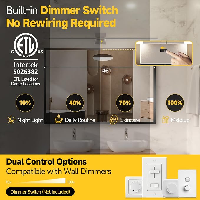 48 Inch Brushed Nickel Bathroom Vanity Light, Built-in Dimmer 2700K-6000K 2100LM LED, 360° Rotatable Bathroom Lights Over Mirror for Makeup, Shaving, Restroom, Powder Room ETL FCC