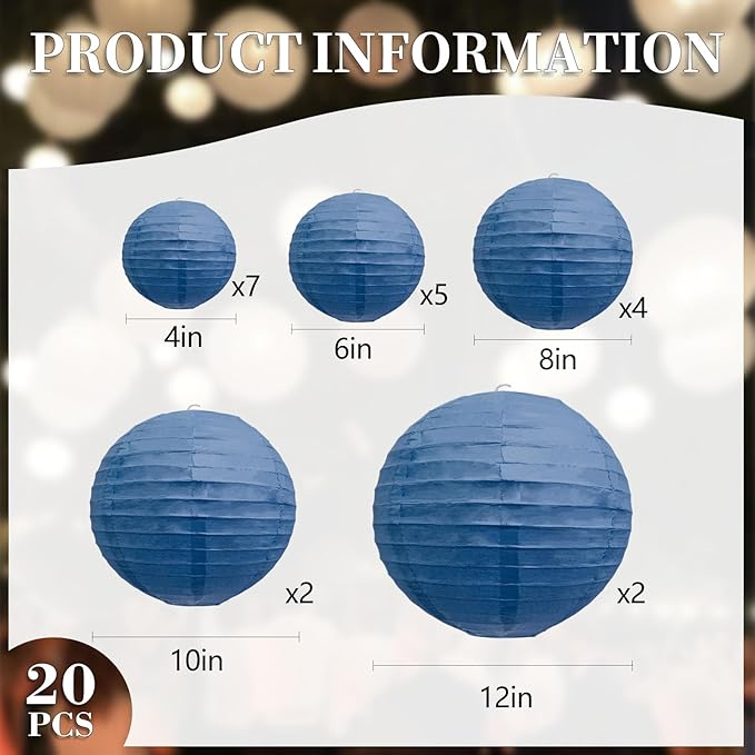 20Pcs Navy Blue Paper Lanterns for Parties, 6” 8” 10” 12” Chinese Asian Hanging Round Paper Lanterns for Birthday Wedding Halloween Christmas Home Decor Party Decor