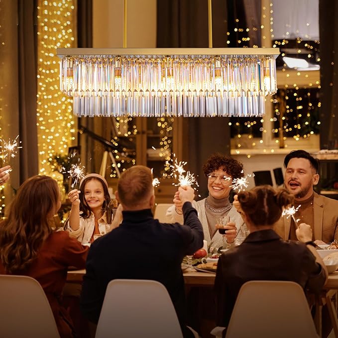 Siljoy 10-Light Rectangle Gold Crystal Chandelier for Dining Room Modern Rectangular 2 Tiers Crystal Raindrop Chandelier Linear Pendant Ceiling Light Fixture for Kitchen Island L40'' x W10'' x H10''
