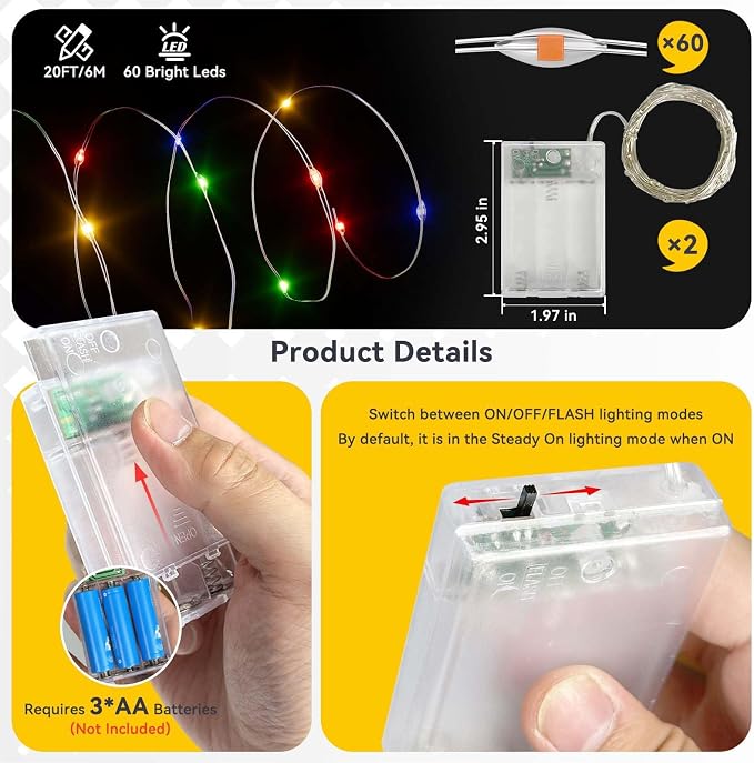 LitHome 2 Pack Multicolor Fairy Lights Battery Operated, Each 20 FT 60 LED | Twinkle Lights Battery Operated 2 Modes, Waterproof Fairy String Light for Classroom Indoor Bedroom Christmas Wedding Decor