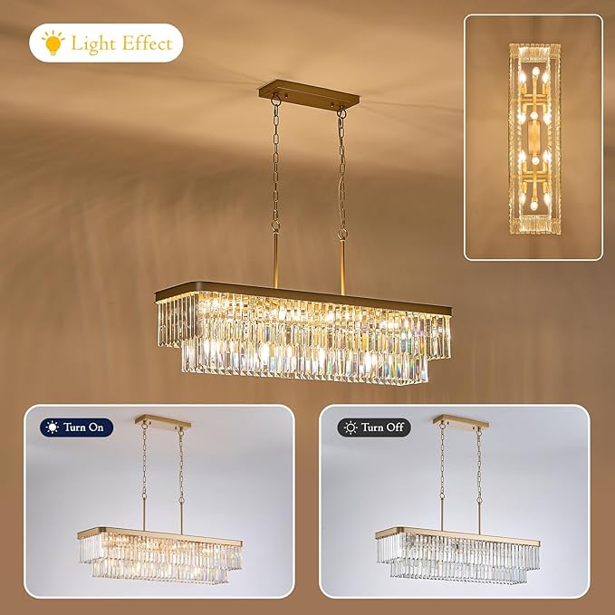 Rectangle Crystal Chandelier L40” 12 Lights Modern Gold Rectangular Long Chandeliers Luxury K9 Ceiling Pendant Light for Kitchen Island Dining Room Living Room Bar