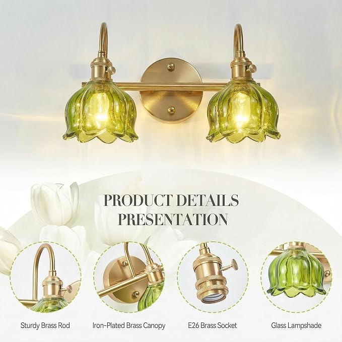 2-Light Vintage Bathroom Light Fixtures, 14.5" Hardwired Vanity Lights with Green Tulip Glass Shades, Brushed Gold Antique Wall Lights for Mirror Restroom Bedroom Living Room(Bulbs Not Included)